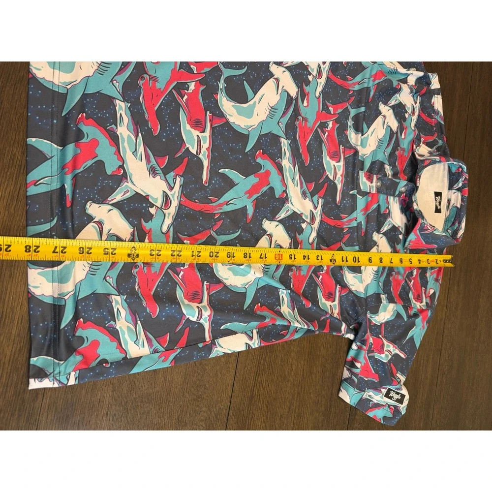 Waggle Golf Hammerhead Shark Polo Shirt Mens Medium Teal Pink Navy Performance - Picture 7 of 7